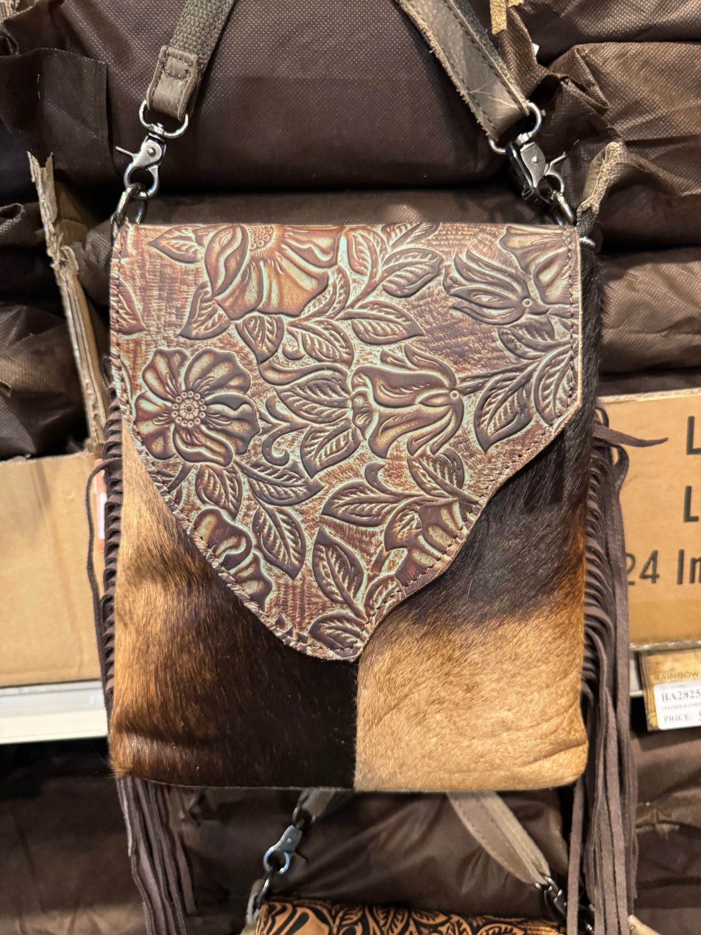 BA2825 Tooled Floral Flap Cowhide Crossbody Purse