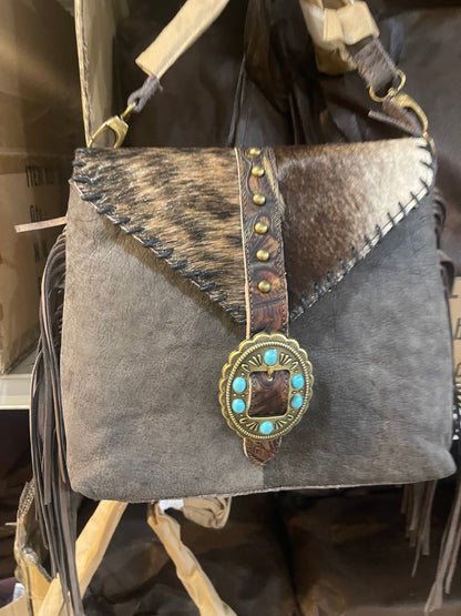 Turquoise Stone Cowhide Tooled Crossbody Purse