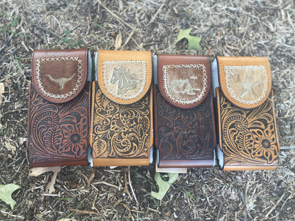 Tooled Leather Belt Phone Holders