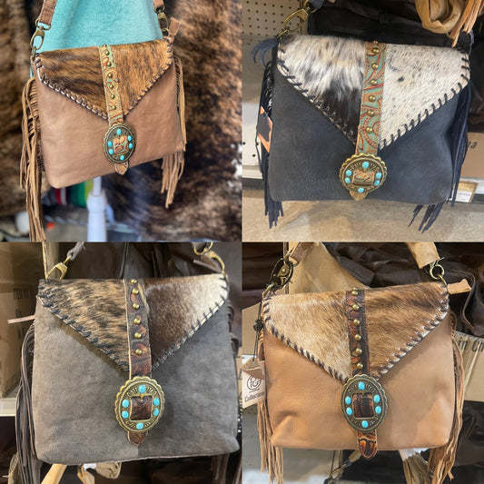 Turquoise Stone Cowhide Tooled Crossbody Purse