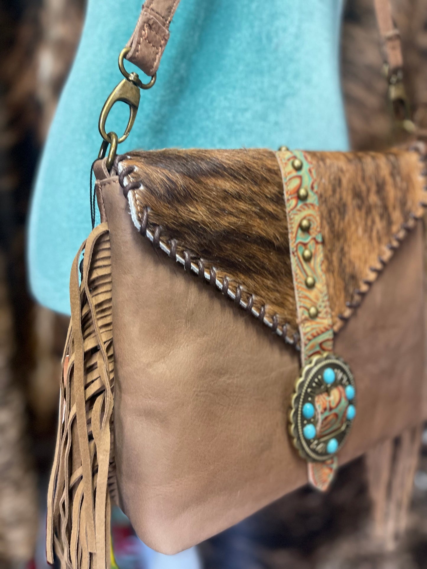 Turquoise Stone Cowhide Tooled Crossbody Purse