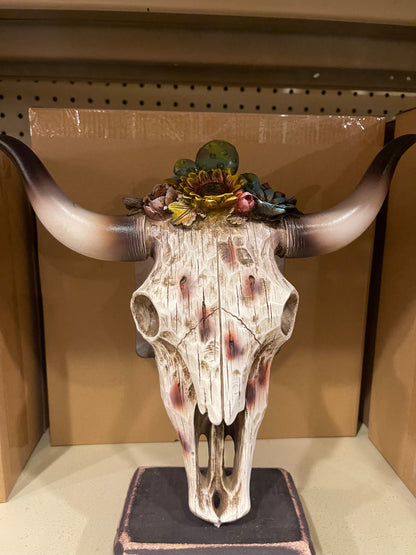 Sunflower Cactus Cowskull Statue