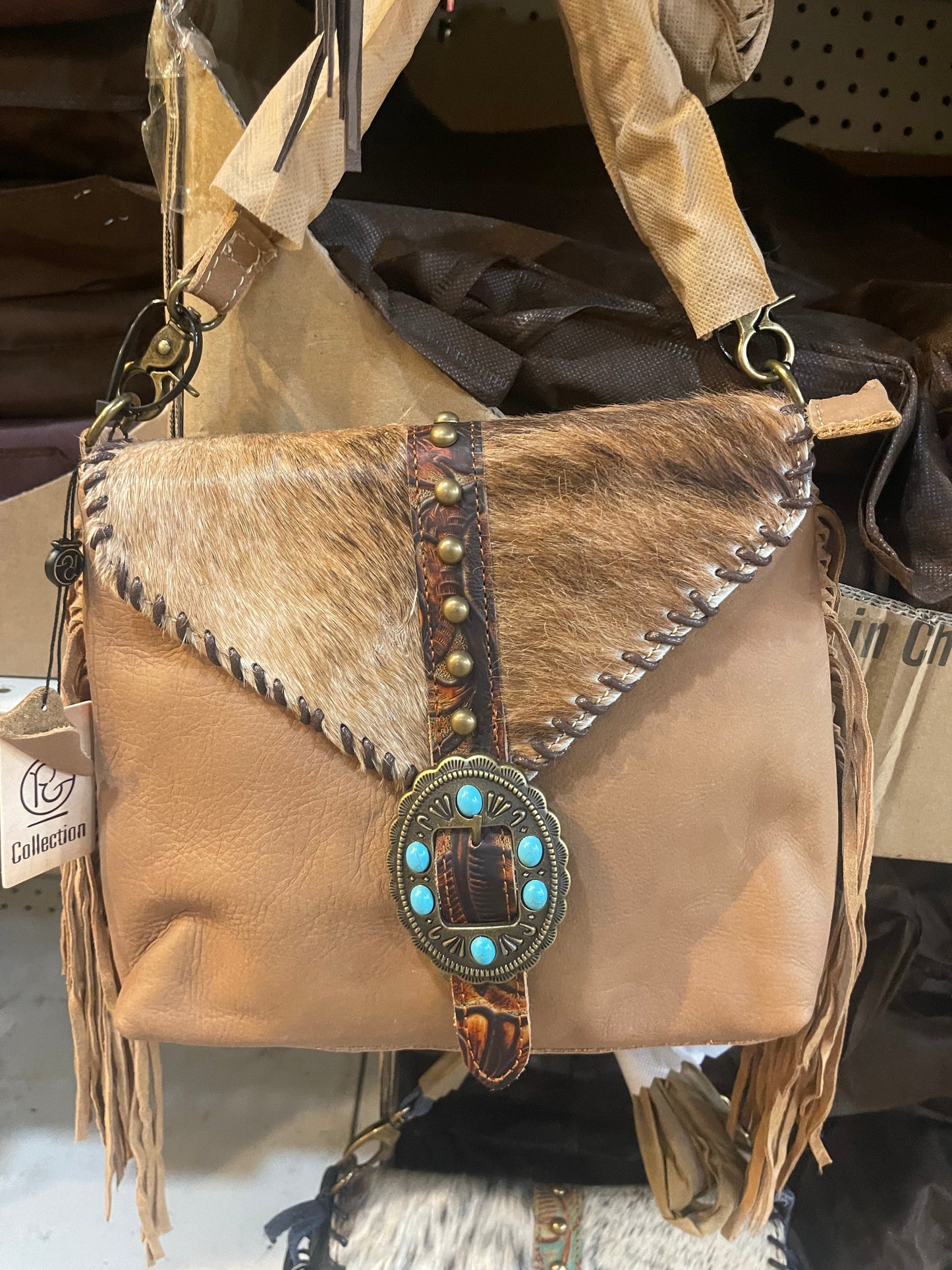 Turquoise Stone Cowhide Tooled Crossbody Purse