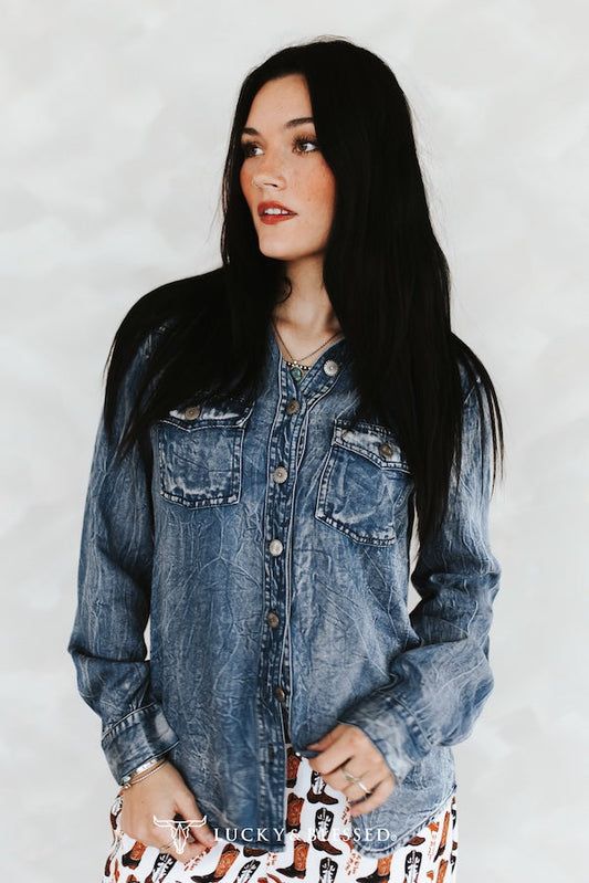 Denim Blue Washed Concho Button Down Western Tencel Shirt