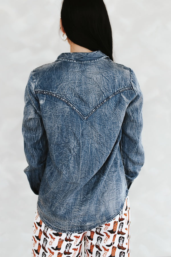 Denim Blue Washed Concho Button Down Western Tencel Shirt