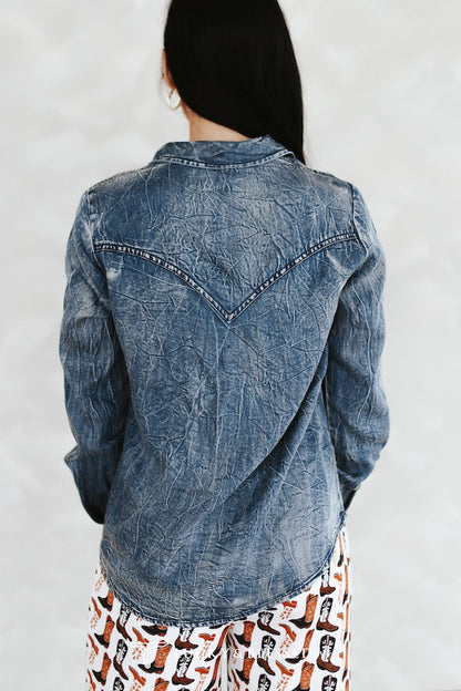 Denim Blue Washed Concho Button Down Western Tencel Shirt