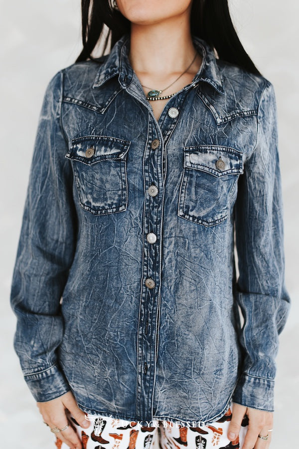 Denim Blue Washed Concho Button Down Western Tencel Shirt