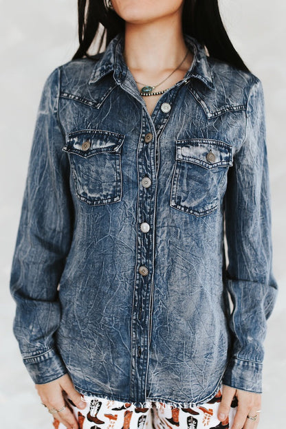 Denim Blue Washed Concho Button Down Western Tencel Shirt