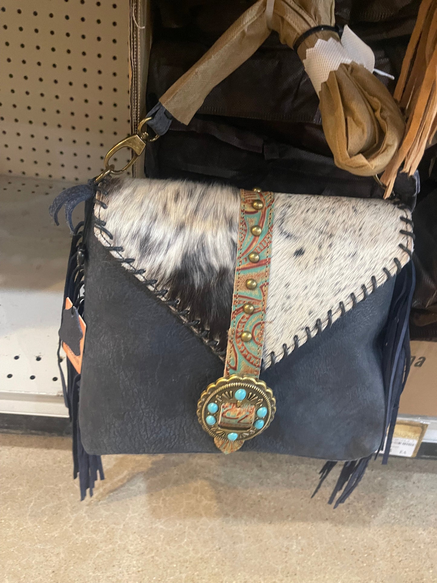 Turquoise Stone Cowhide Tooled Crossbody Purse