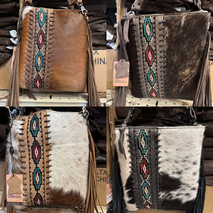 Aztec Diamond Stitched Cowhide Crossbody Purse
