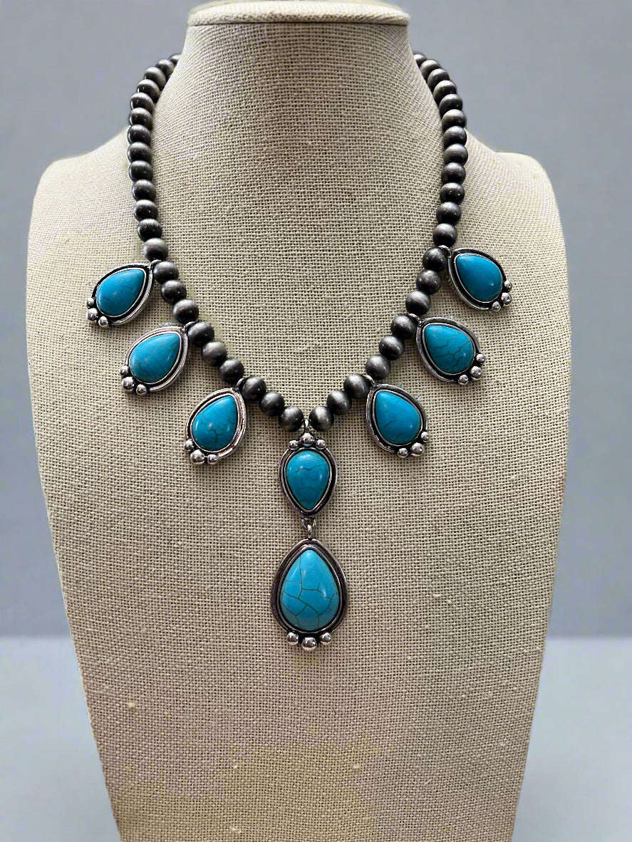 Western Teardrop Faux Turquoise & Faux Sterling Pearl Necklace — 16 Inch Southwestern Pendant