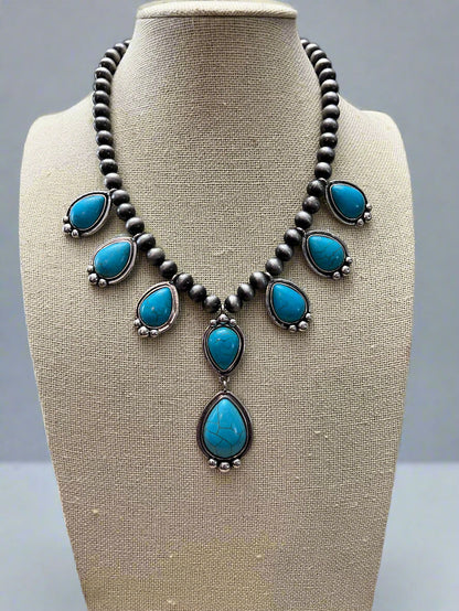 Western Teardrop Faux Turquoise & Faux Sterling Pearl Necklace — 16 Inch Southwestern Pendant