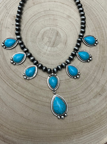 Western Teardrop Faux Turquoise & Faux Sterling Pearl Necklace — 16 Inch Southwestern Pendant