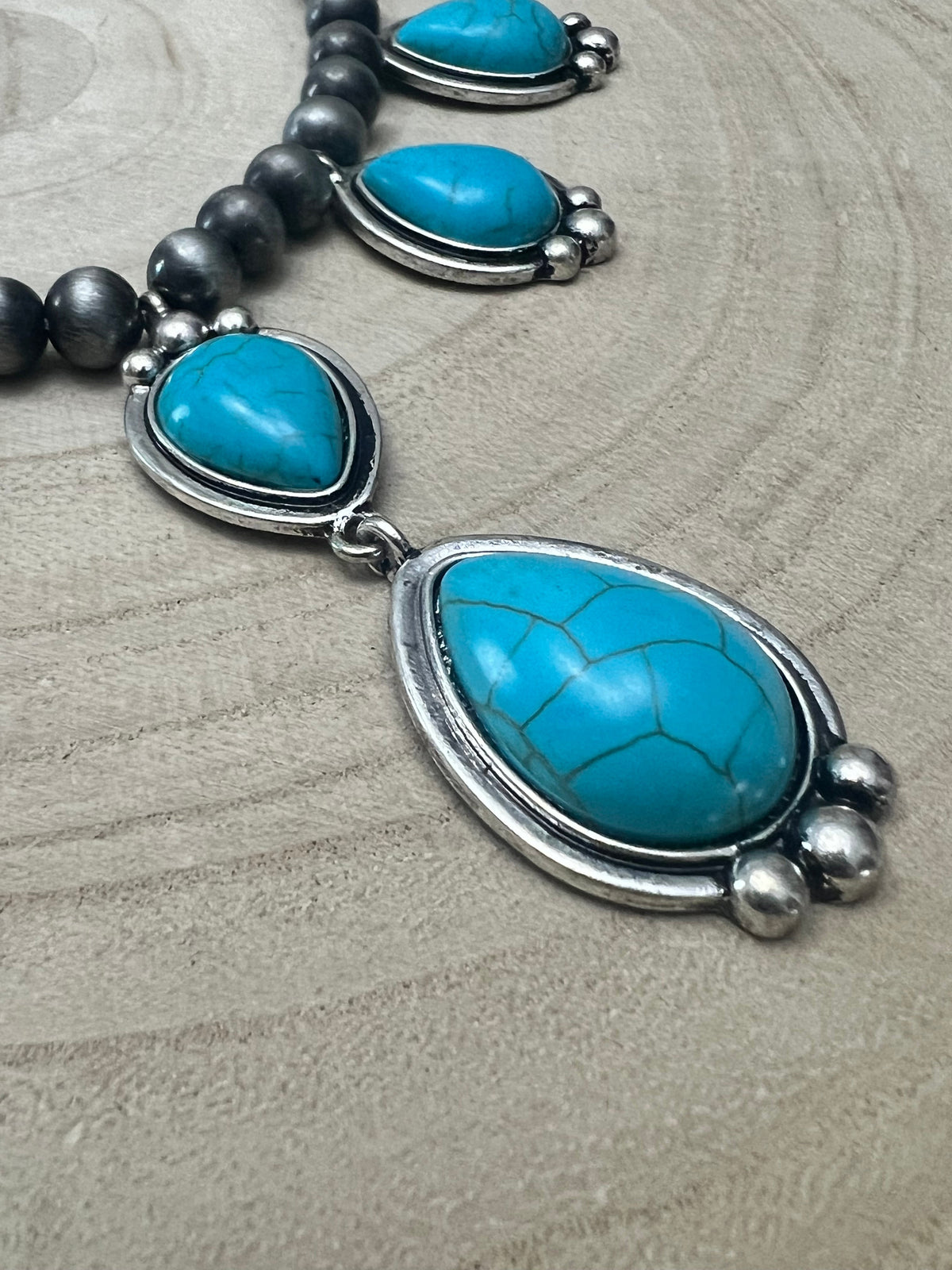 Western Teardrop Faux Turquoise & Faux Sterling Pearl Necklace — 16 Inch Southwestern Pendant