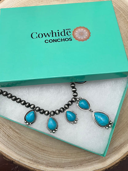 Western Teardrop Faux Turquoise & Faux Sterling Pearl Necklace — 16 Inch Southwestern Pendant