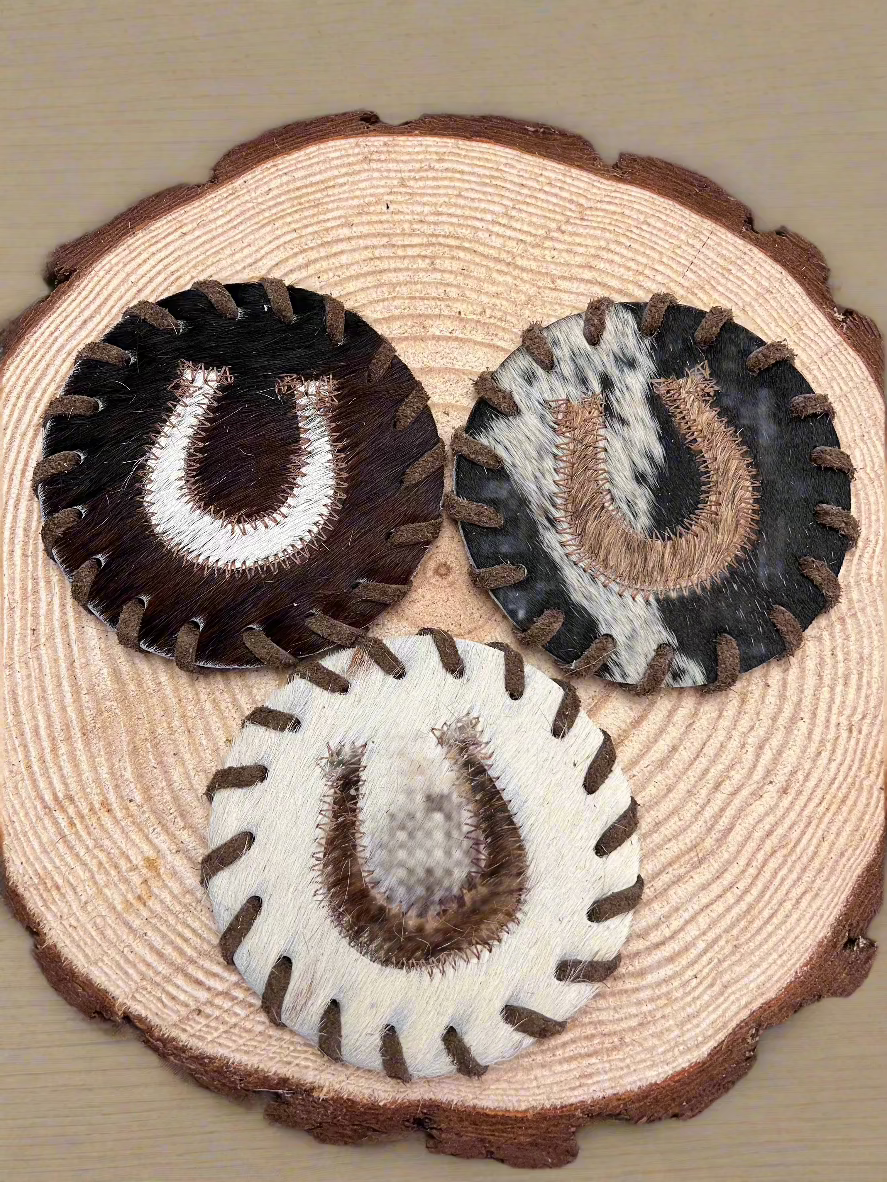 Horse Shoe Cowhide Coaster with Laced Border