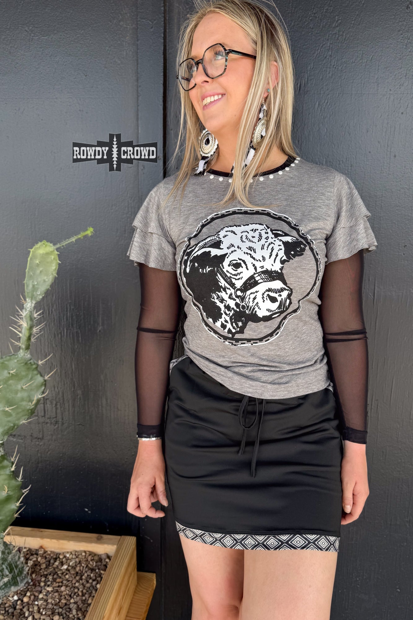 Howdy Hereford Mesh Sleeve Top