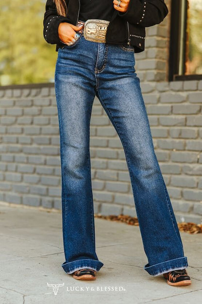 Logo Mid Wash High Rise Camel Embroidered Back Pocket Bootcut Jeans