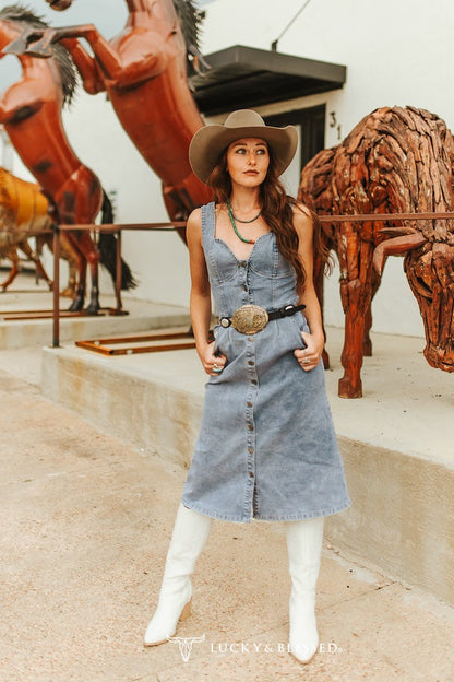 Light Wash Stretch Denim Strap Button Down Dress