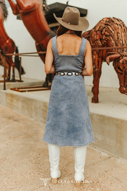 Light Wash Stretch Denim Strap Button Down Dress