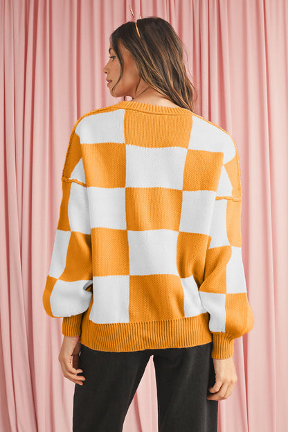 Dark Brown Plaid Bishop Sleeve Pullover Sweater