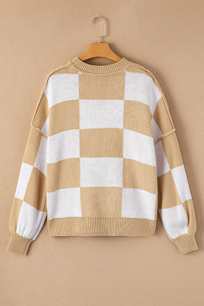 Dark Brown Plaid Bishop Sleeve Pullover Sweater