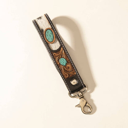 Myra Bag - Myra Tallin Bloom Handtooled Leather Keyfob in Saddle Sky