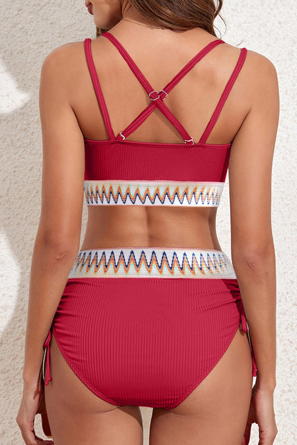 Navy Blue Ribbed Knit Tribal Contrast Detail 2pcs High Waist Swimsuit