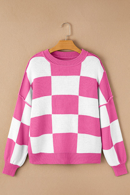Dark Brown Plaid Bishop Sleeve Pullover Sweater