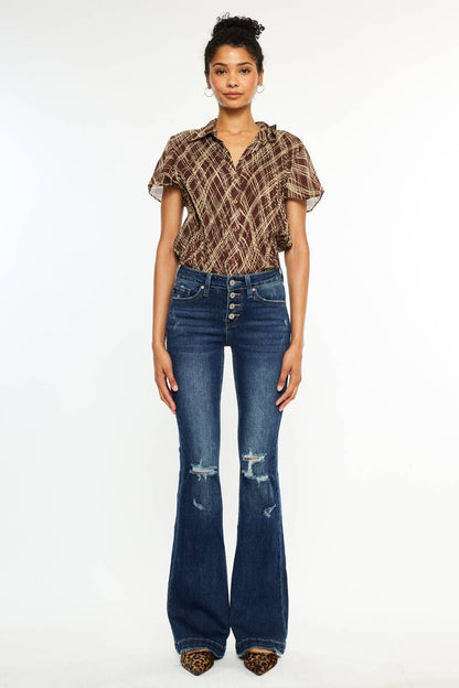 Kan Can USA - MID RISE BUTTON UP DISTRESS FLARE JEANS