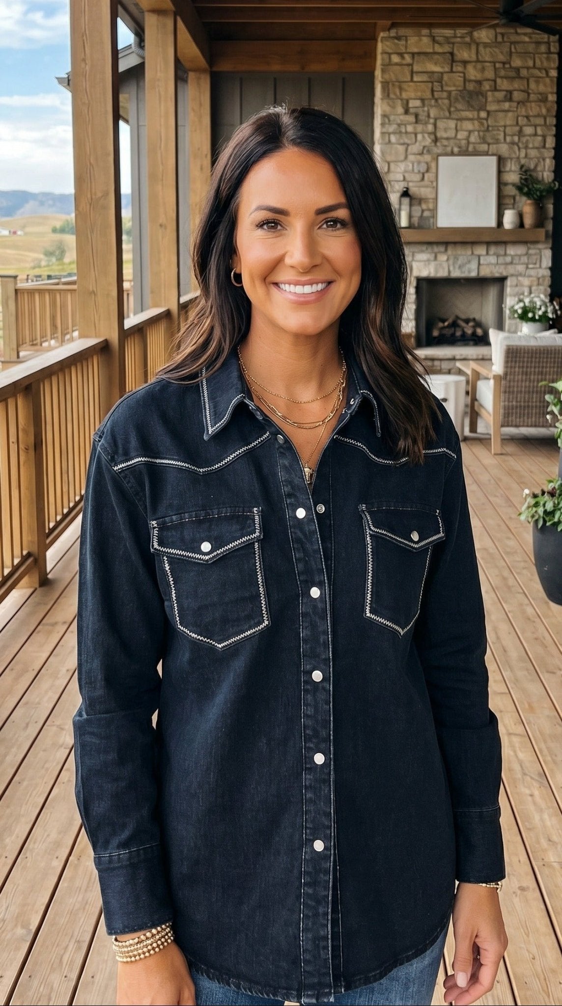 Black Contrast Stitching Pearl Snap Button Down Denim Western Shirt