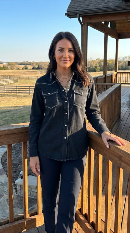 Black Contrast Stitching Pearl Snap Button Down Denim Western Shirt