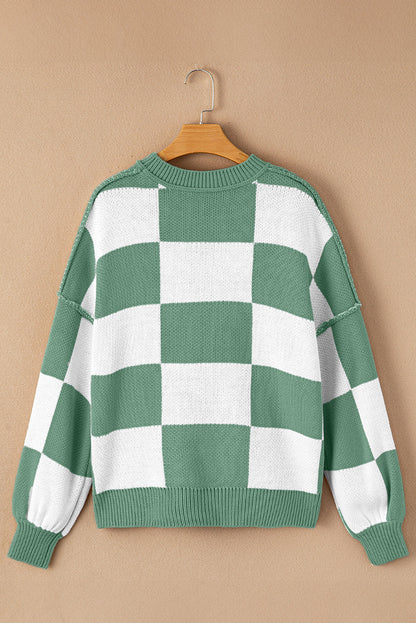 Dark Brown Plaid Bishop Sleeve Pullover Sweater