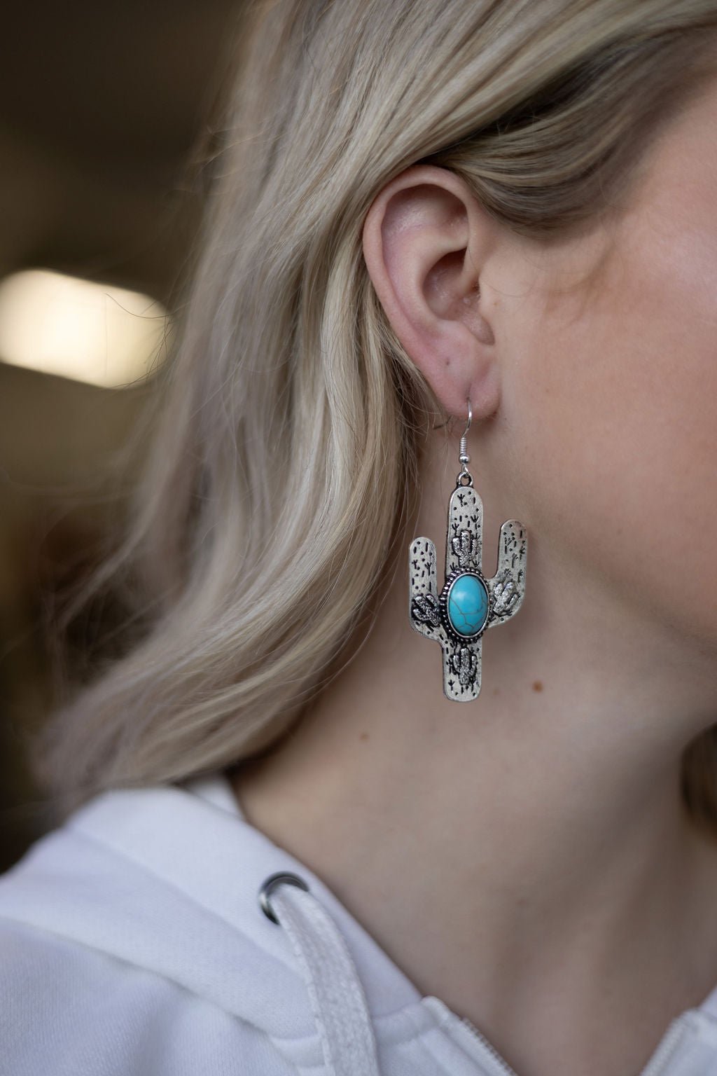 Cactus Dangle Earrings with Faux Turquoise - 2 1/2 inch drop