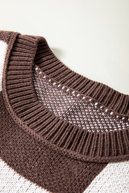 Dark Brown Plaid Bishop Sleeve Pullover Sweater