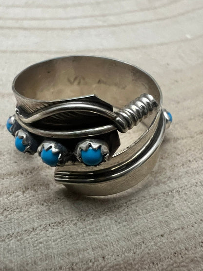 Chester Charley Navajo Handmade Kingman Turquoise Feather Adjustable Ring