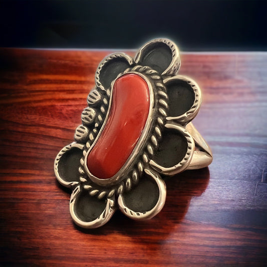 Coral ring on hand stamped sterling silver - Native signed A Chapo - size 7
