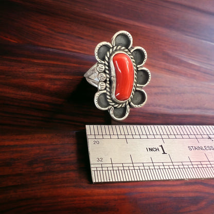 Coral ring on hand stamped sterling silver - Native signed A Chapo - size 7