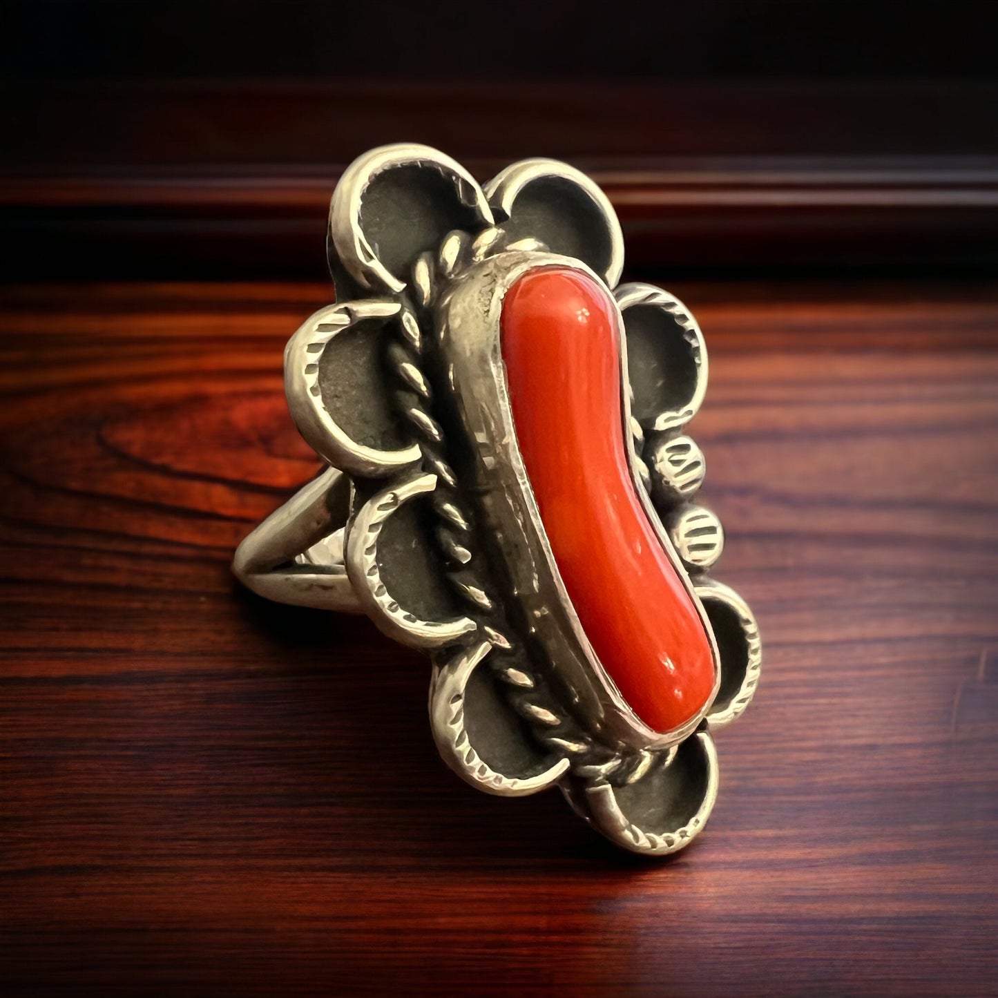Coral ring - signed A Chapo on hand stamped sterling - size 7