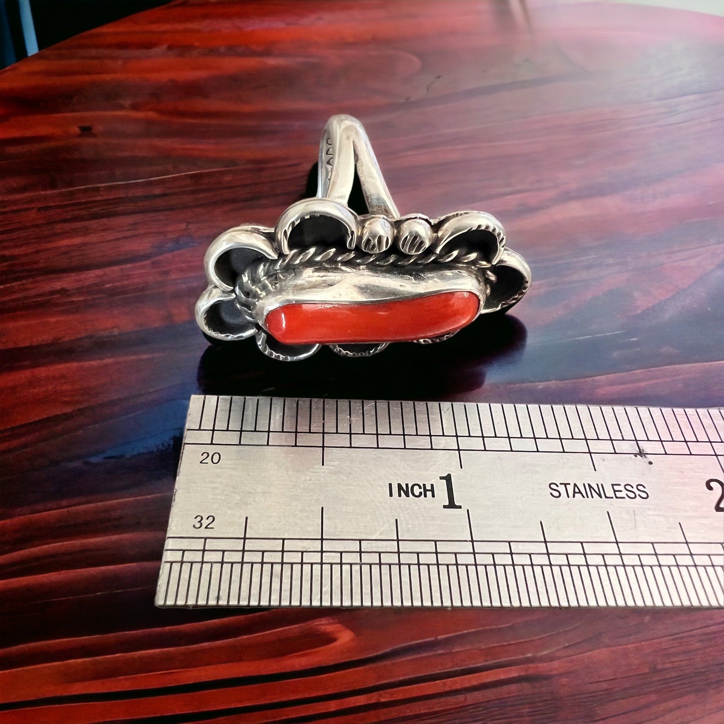 Coral ring - signed A Chapo on hand stamped sterling - size 7