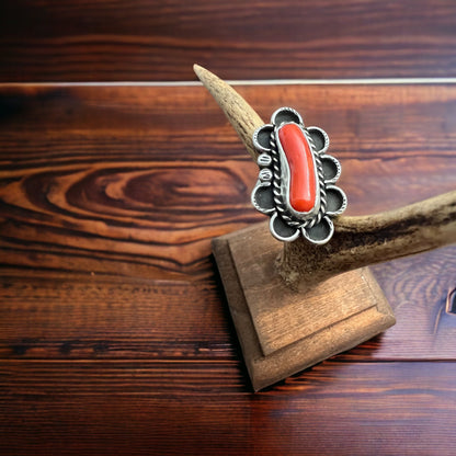 Coral ring - signed A Chapo on hand stamped sterling - size 7