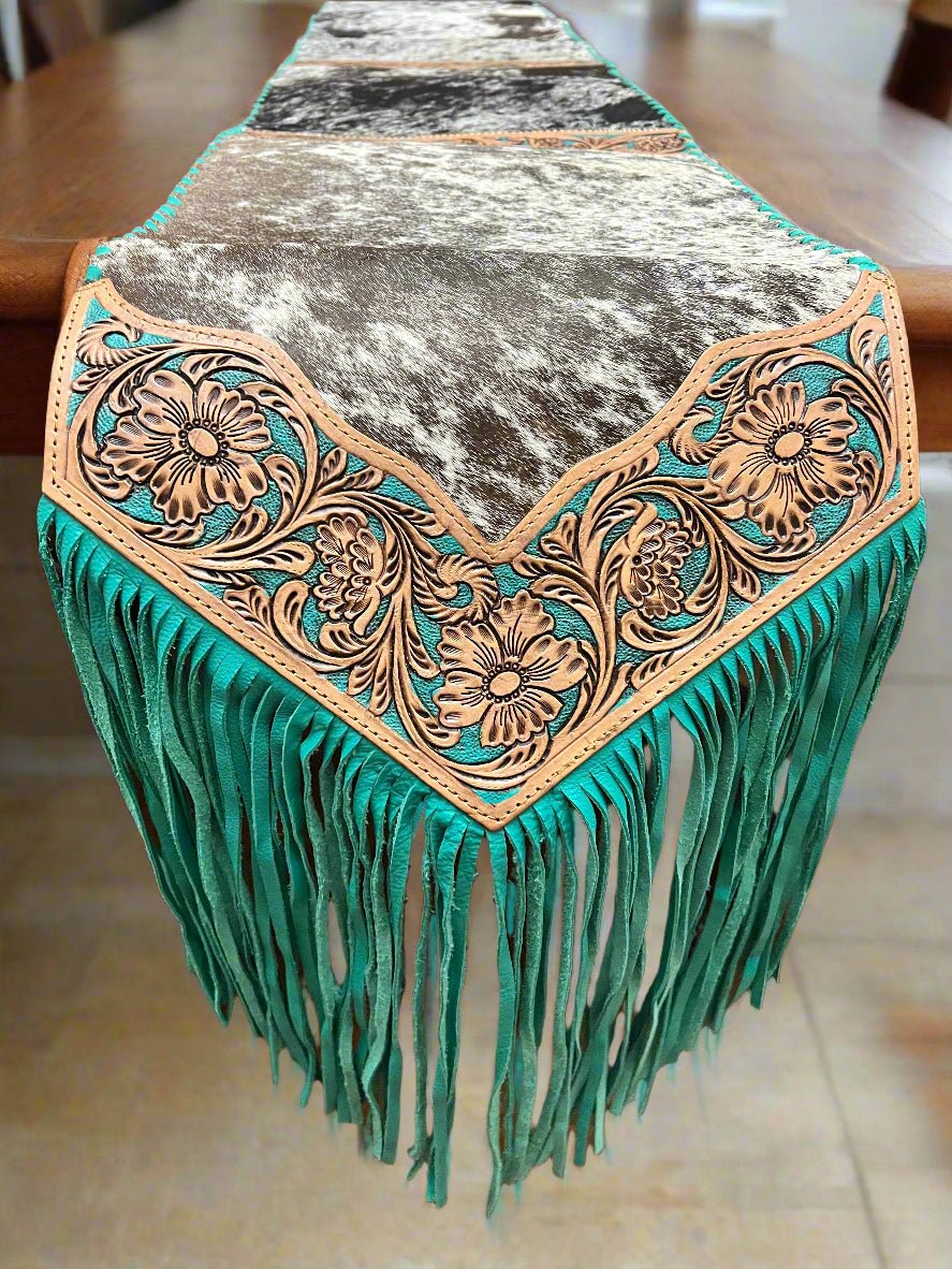 Dark Brown and White Table Runner with Fringe