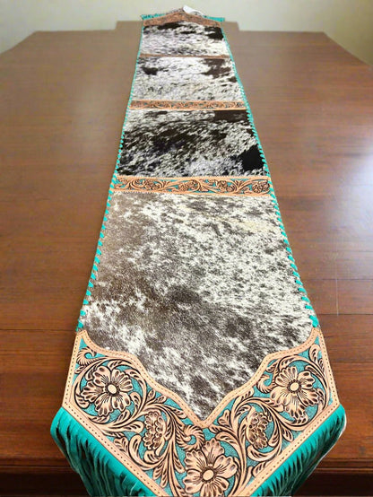 Dark Brown and White Table Runner with Fringe