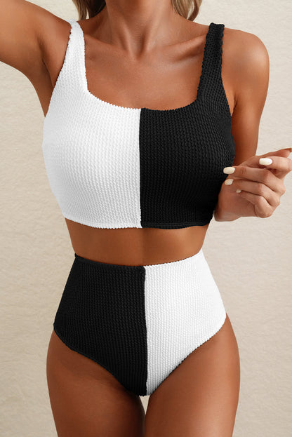 Black Corded Solid Square Neck Bikini Swimsuit