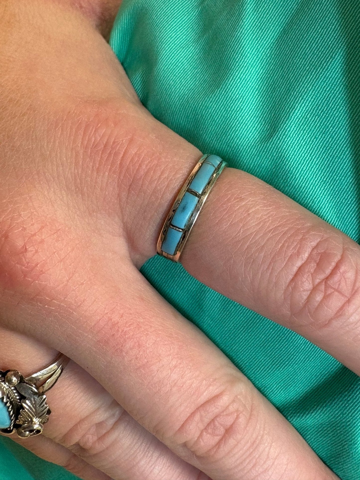 Debbie Livingston Navajo Handmade S/S Kingman Turquoise Ring - Sizes 7, 8, and 8.5