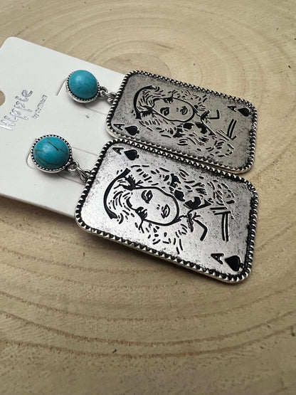 Dolly Card Theme Dangle Earrings with Faux Turquoise Stone - 2 1/2 inch drop