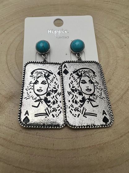 Dolly Card Theme Dangle Earrings with Faux Turquoise Stone - 2 1/2 inch drop