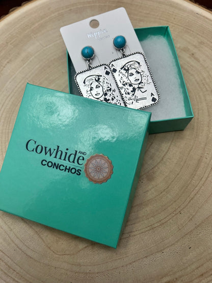 Dolly Card Theme Dangle Earrings with Faux Turquoise Stone - 2 1/2 inch drop