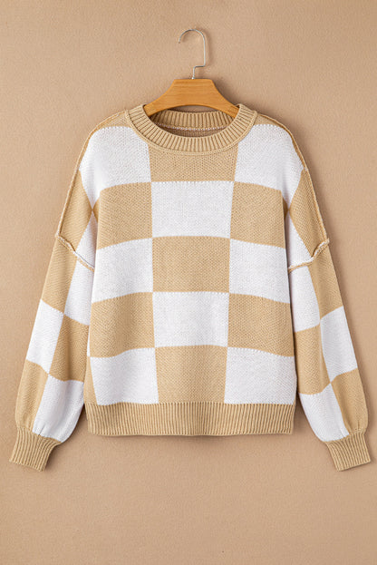 Dark Brown Plaid Bishop Sleeve Pullover Sweater