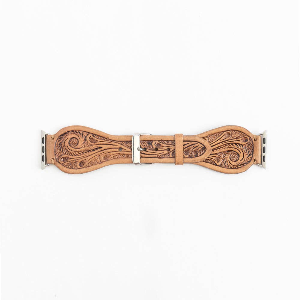 Myra Bag - Lone Star Handtooled Leather Watch Band in Light Saddle Tan